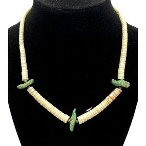 Vintage Southwestern Turquoise Nugget Shell Silver Beads Heishi Necklace 16"